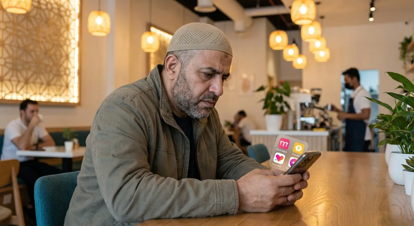 Arab Muslim singles on a coffee date — app comparison illustration