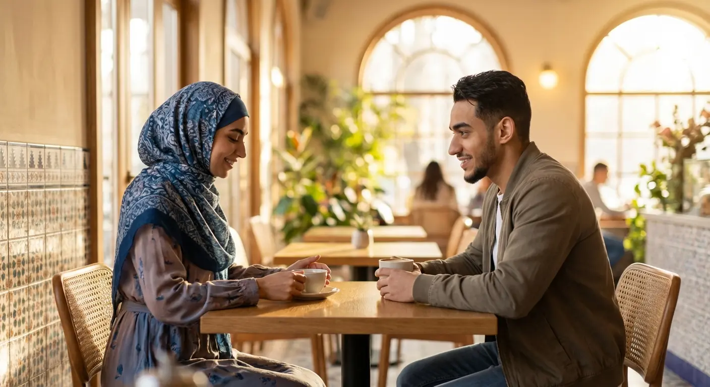 Arab Muslim singles on a coffee date — dating guide illustration