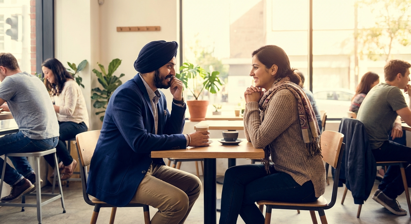 Sikh singles on a coffee date — dating guide illustration