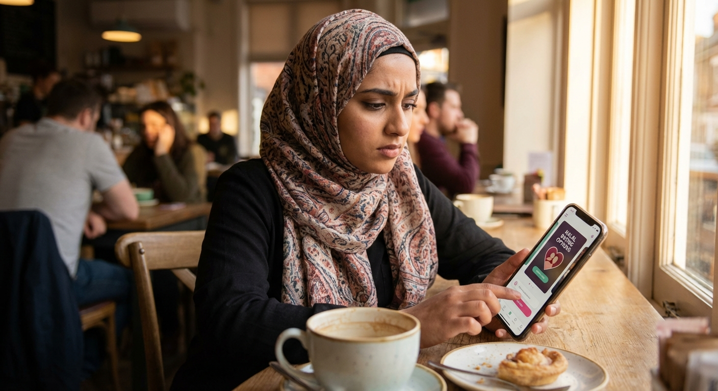 South Asian Muslim singles on a coffee date — app comparison illustration